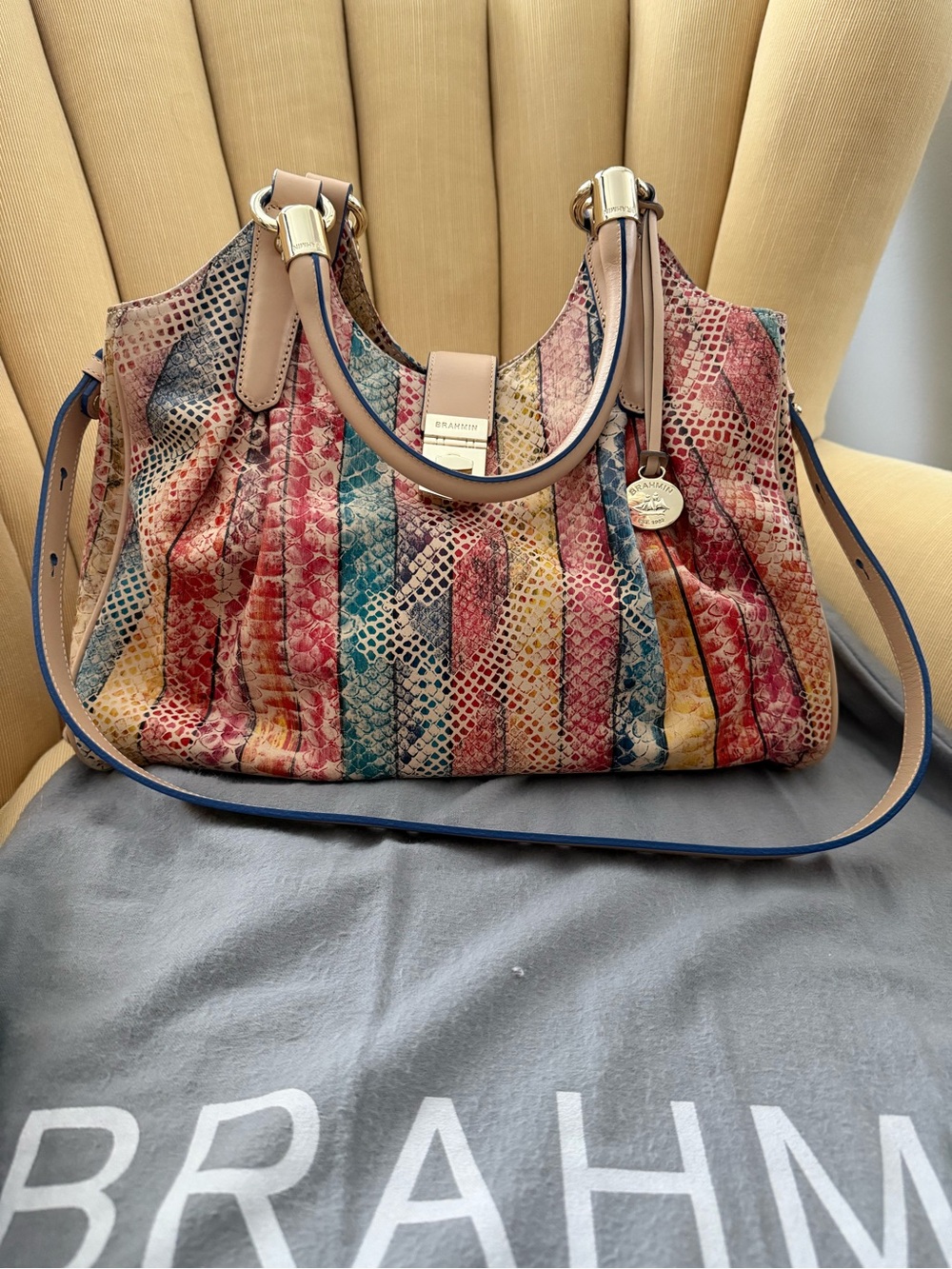 Brahmin Multicolor Snakeskin-Embossed Shoulder Tote Rare Vintage
